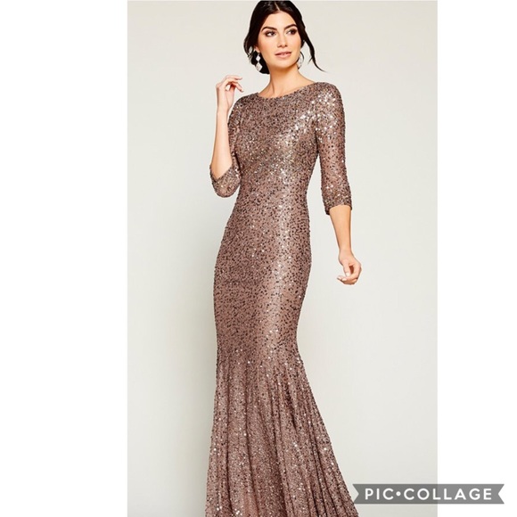 Adrianna Papell Long Sleeve Rose Gold Sequin Gown - Picture 2 of 9
